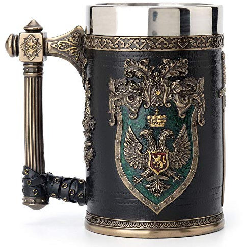 Veronese Design 16,25 cm 0,5 l Doppelköpfiger Adler Wappen Axt Griff Bierkrug Edelstahl Tumbler Antik Bronze Finish Skulptur Tischdekoration Tasse