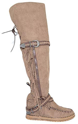 Stivali Donna Indianini Taupe Scamosciati Alti sopra al Ginocchio Frange Zeppa Interna 5 cm Cinturino Fibbia Moda Ibiza (38 EU)