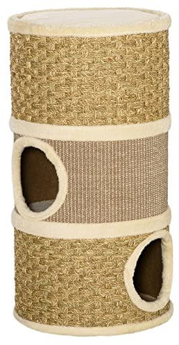 PawHut Tonel Rascador para Gatos con 3 Niveles Barril de Rascado con Plataforma Cama Cómoda 37,5x37,5x70 cm Marrón Claro y Beige