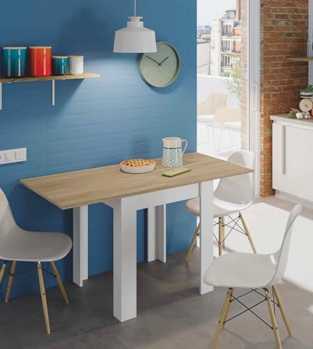 Dmora - Table extensible Newark, Etagère à manger pliante avec ouverture pour livre, Table d'appoint pliable, 67x67/135h79 cm, Blanc et Chêne
