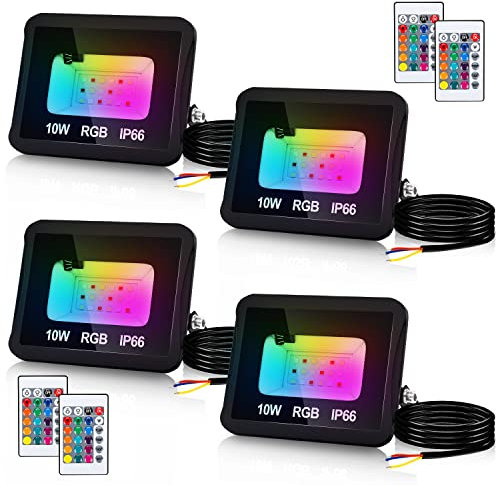 Lospitch 4er RGB LED Strahler, RGB Farbwechsel Fluter 10W, Farbig Scheinwerfer, 16 Farben, 4 Modi, Wasserschutzart IP66, mit Fernbedienung, Speicherfunktion, Bühne, Weihnachten, Flur, Baum Deko