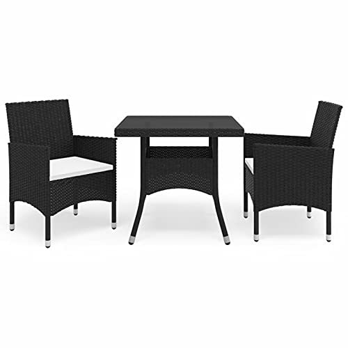 Gecheer 3-TLG. Garten Essgruppe 2 Personen, Sitzgruppe 2+1, Esstisch mit Hartglas-Tischplatte & Stühle mit Sitzkissen, Balkonmöbel Gartenmöbel Set Poly Rattan Schwarz