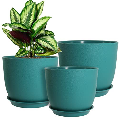 WOUSIWER Lot de 3 Pots de Fleurs décoratifs Modernes en Plastique avec Trous de Drainage et soucoupes, pour Plantes d'intérieur et d'intérieur, Bleu, 26,4 cm