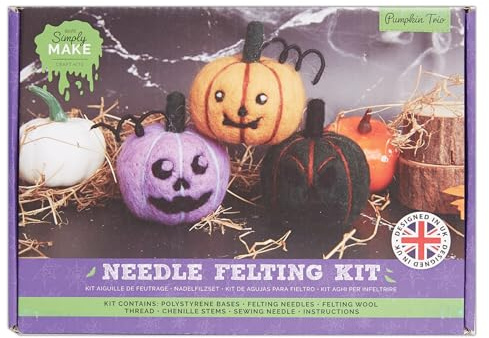 Kit de feutrage à l'aiguille Simply Make - Trio de citrouille d'Halloween - Laine - Aiguilles et outils - Pour débutants - Kits de feutrage à l'aiguille - Loisirs créatifs - Décoration - Cadeau