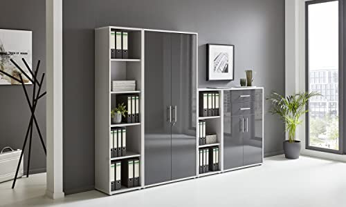 BMG Möbel Aktenschrank Office Edition Set 22, Büroschrank abschließbar mit Metallgriffen Made in Germany (Lichtgrau/Anthrazit Hochglanz)