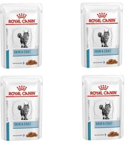 Royal Canin Veterinary Diet Feline Skin & Coat | 4er Pack | 4 x 12 x 85 g | Nassfutter für ausgewachsene Katzen | Feine Stückchen in Soße | Zur Unterstützung der Hautbarriere