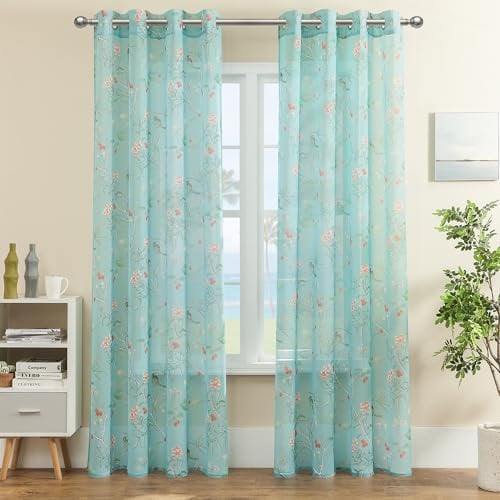 XTMYI Vorhänge, wunderschöner Kolibri, Grand Millenial, französisches Landhaus, für Wohnzimmer, Schlafzimmer, Hellblau, Aquamarin, Himmelblau, 2 Stück, ca. 210 cm