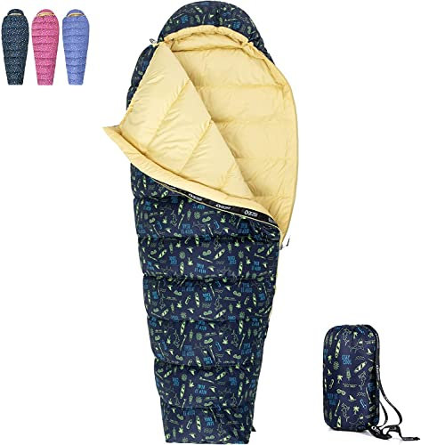 QEZER Kinderschlafsack,Ultraleicht Schlafsack Kleines Packmaß für Jungen und Mädchen Camping,Reise,Zelten,Outdoor mit Premium 600FP Daunen (Blau)