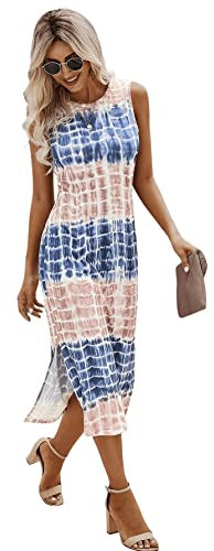 GORGLITTER Sommerkleid Damen Lang Elegant Strandkleid Luftig Maxi Batik Kleid Mit Schlitz Sommerkleider Maxikleider Damenkleider Blau und Rosa M