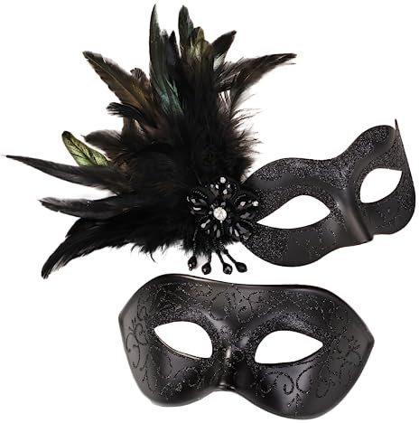MYSEUNI Schwarze Masken Set für Paare - Maskenballmaske für Damen mit Federn und venezianischer Maske für Männer, Fasching Gras, Halloween, Cosplay, Ball, Weihnachten