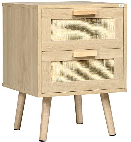 HOMCOM Mesita de Noche de Diseño Boho Mesilla de Noche con 2 Cajones de Rejilla y Patas de Madera para Salón Dormitorio 40x40x56 cm Natural