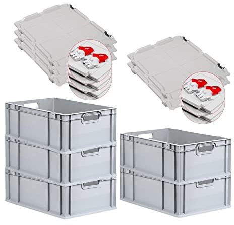 PROREGAL SuperSparSet 5x Eurobox NextGen Grip mit Scharnierdeckel und roten Schiebeschnappverschlüssen, HxBxT 22x40x60cm, 44 L, Grau, Griffe offen, Eurobehälter, Transportbox