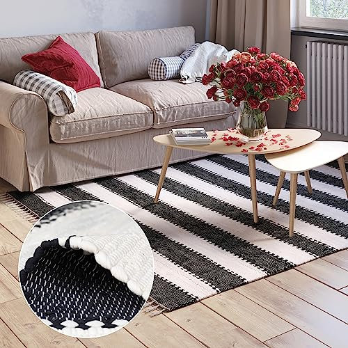 MY-RUG Fleckerlteppich 60 x 110 cm - Schwarz Weiß gestreift, handgewebt, recycelte Baumwolle als Flickenteppich und Wendeteppich, moderner Chindi Kelim Teppich Aarav