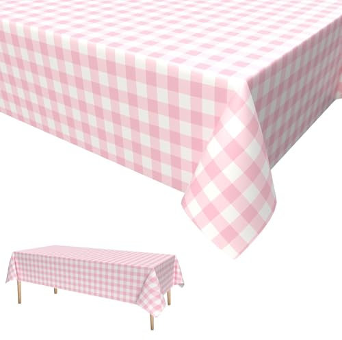 Rosa Weiß Karierte Tischdecken,Tischtuch Karo Rosa Weiß Einweg Plastik Tischdecke Einweg Tischdecke mit Karierter Flagge für Gartentisch Feierntage Party Weihnachten Hochzeit Picknick 137 x 274cm