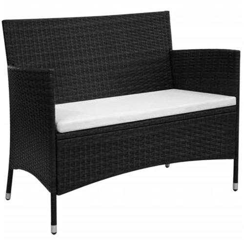 vidaXL Gartenbank mit Kissen, Parkbank mit Stahlgestell, Wetterfest Sitzbank für Pool Terrasse Garten, Gartenmöbel, Schwarz Poly Rattan