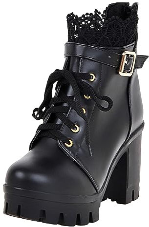 rismart Donna Stivaletti Cerniera Fibbia Cinghia Stivali di Moda Scarpe con Plateau Nero,38