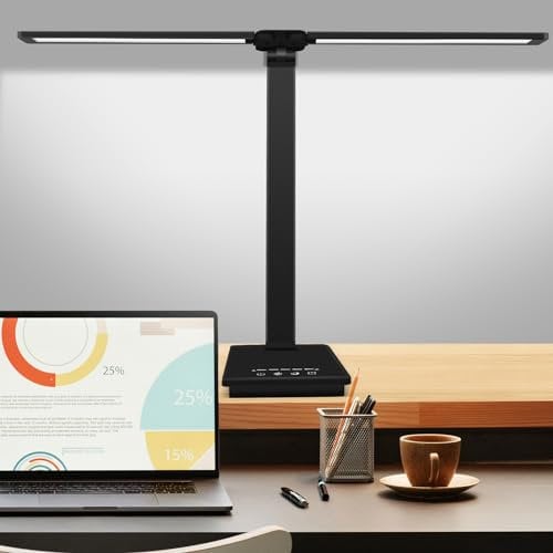 bybule Doppelkopf Schreibtischlampe LED,Tischlampe 5 Farb und 5 Helligkeitsstufenn Touch Control,Desk Lamp mit 45-Minuten Auto-Off Timer USB-Ladeanschluss Table Lamp Schwarz