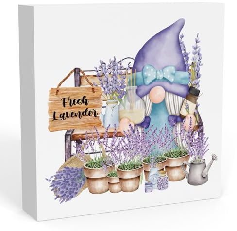 Rustikaler Bauernhaus-Frühlings-Schreibtisch-Dekor, Landhaus-Zwerg-Dekor, frischer Lavendel, Schild, Kabinenregal, Tischplatte, gestuftes Tablett, Dekoration, Geschenkideen für Frauen, 12,7 x 12,7 cm