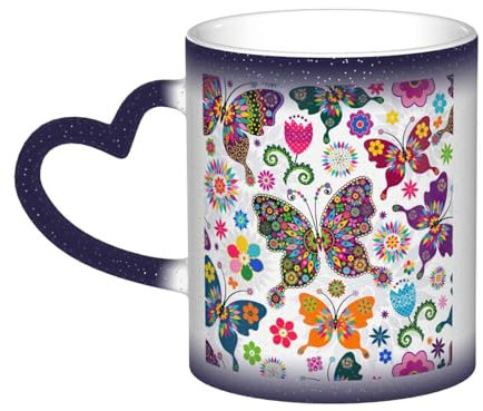WURTON Keramik-Kaffeetasse mit Frühlingsblumen-Schmetterlings-Druck, Farbwechsel-Tasse im Himmel, Geschenktasse für Familie und Freunde