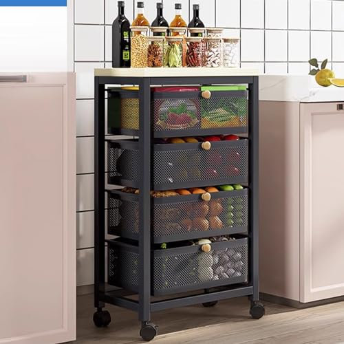Chariots Rotatifs, Rangement Roulant pour Fruits Et Légumes Table À Fruits en Bois Panier en Métal Empilable (Color : Black)