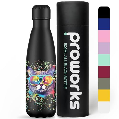 Proworks Performance Stainless Steel Sports Water Bottle | Double Insulated Vacuum Flask | 12 Hours Hot & 24 Hours Cold Drinks - Great for Home Work Gym & Travel - 500ml Cat Paint Splatter - Black