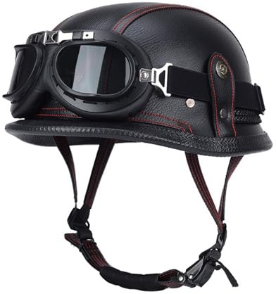 Retro Motorrad Halbhelme, PU Leder Scooter Mofa-Helm mit Brille, mit Einstellbar Schnellverschluss-Gurt, DOT/ECE-Zugelassen fur Biker, Cruiser, Chopper -Helm, Unisexs A,3XL