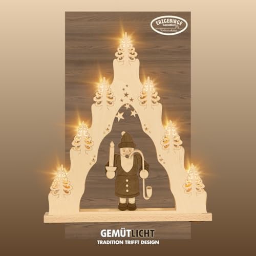 weigla - Lichterspitze original Erzgebirge I Motiv Räuchermann I LED Lichterbogen Weihnachten I 7 Lampenkerzen + 1 Ersatzlampe I 7 x 34 V, 0,2 W, E10 I beleuchtete Weihnachtsdeko innen I aus Holz