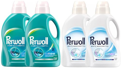 PERWOLL Flüssig-Set 4x 27 Waschladungen (108WL) 2x Sport & 2x White, Hygiene Waschmittel reinigt sanft, entfernt schlechte Gerüche & Feinwaschmittel erneuert Weiß und Fasern