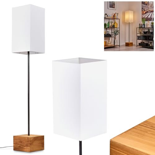 HOFSTEIN Stehleuchte Geneva, moderne Stehlampe aus Holz/Metall/Stoff in Natur/Schwarz/Weiß, Leuchte im skandinavischen Design mit Stoffschirm und Fußschalter, Höhe 150 cm, E27, ohne Leuchtmittel