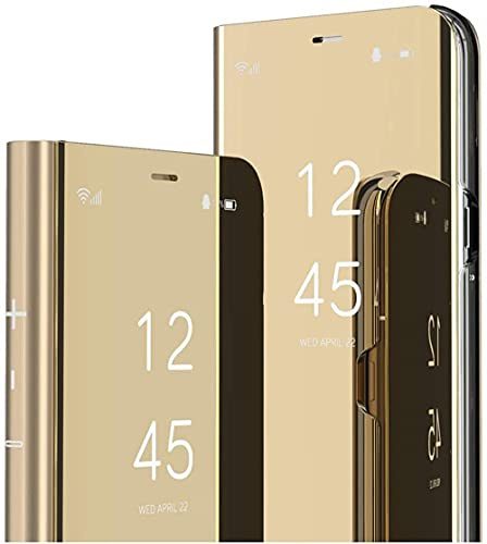 SIYOPINPFY Klapphülle für iPhone 15 Pro Hülle Hülle Glitzer Mirror Gold JM | Handyhülle Schminkspiegel Flip Case , Clear View PC Abdeckung , Klappbar Ständer , Schutzhülle Dünn Stoßfest Ganzkörper
