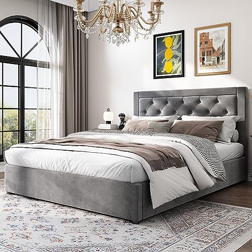 Lexiou 140x200cm Polsterbett,Stauraumbett mit linker und rechter abhebbarer Bettkasten,Chesterfield-Stil,Schaumstoffgefülltes Kopfteil,Doppelbett aus Stahlrahmen,Samt