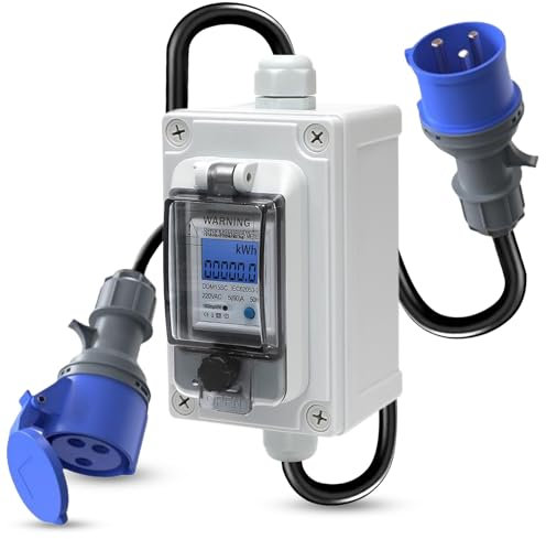 Mobile Digital Electricity Meter for Outdoor Socket, 60 A 220 V Outdoor KWH Socket, Electricity Meter with IP67 Waterproof, Portable Electricity Meter with 3 m Rubber Hose Cable for Motorhomes,
