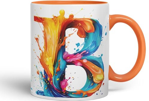 Vixar Letter B Mug, Alphabet Letter B Monogram Watercolour Ceramic Coloured Mug Cup for Tea Coffee Hot Brew 330ml 11Oz Gift (Orange)