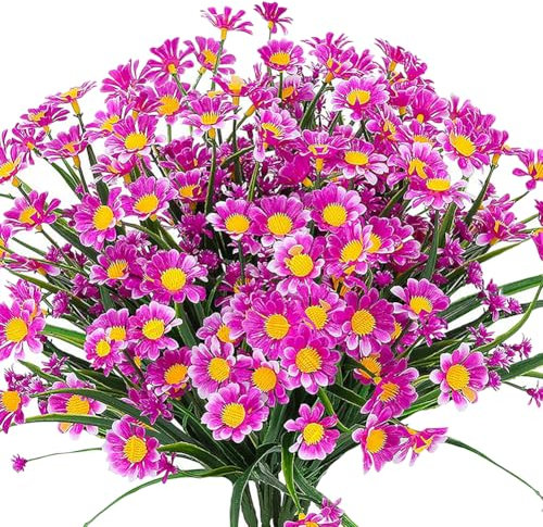 FSSTUD Lot de 4 bouquets de marguerites artificielles en plastique résistant aux UV - Fleurs artificielles de verdure - Plantes florales d'extérieur réalistes pour pot de fleurs, porche, rose vif