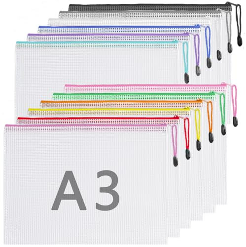Plastic Wallets A3-12 Pcs Plastic Folders Zip Lock Bags Document Wallets Zipper File Folders, Mesh Zipper Bag Waterproof Wallets Plastic for School, Office, Home, Puzzles, Travel Storage 12 Colour