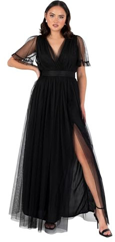 Anaya with Love Ladies Maxi Dress for Women V Neckline Short Sleeve Frilly Long Empire Waist for Wedding Guest Bridesmaid Maid of Honour, Black 20