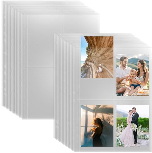 30 Buste Trasparenti Porta Foto 4 Scomparti 10,8 X 15,2 cm, Tasche Fotografiche Raccoglitore A4 per Raccoglitori Ad Anelli, Trasparenti per Cartoline per Foto A6