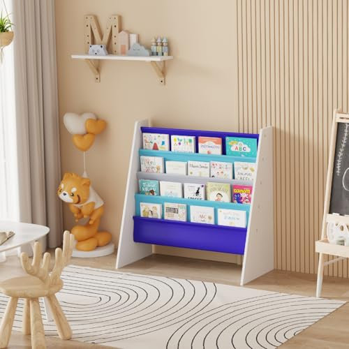 Rainbow Tree 4-Tier Children Sling Book Rack Bookshelf Wooden, Easy-to-Reach Storage for Books, Kids Book Rack Storage Bookshelf with Deep Sleeves, Ideal for Playrooms & Homeschooling (Blue)