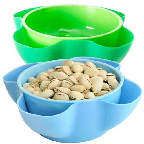Youngever Paquete de 2 cuencos de plástico para nueces, cuencos dobles para servir aperitivos, cuenco de pistacho de 8 pulgadas, cuenco de servir nueces para maní, pistacho, edamame, fruta