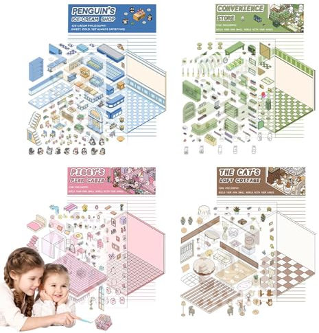 Handmade House Stickers, 4 Sets Cute Fun Stickers Isometric Room,Adorable Stickers Stress Relief Stickers, Sticker Scene Loft, Coffee Shop, Bookstores, Sticker For Adults AndKids