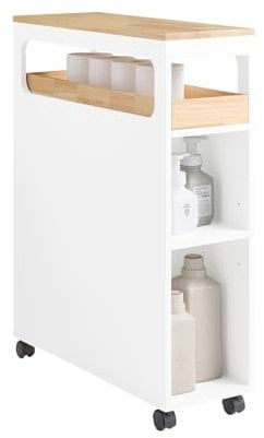 SoBuy Meuble Salle de Bain à roulettes, Armoire de Salle de Bain Étroit avec 3 Tiroirs et Étagère Réglable, Petit Meuble WC en Bois pour Toilette, Blanc+Naturel, 65x23x82cm, BZR54-II-WN