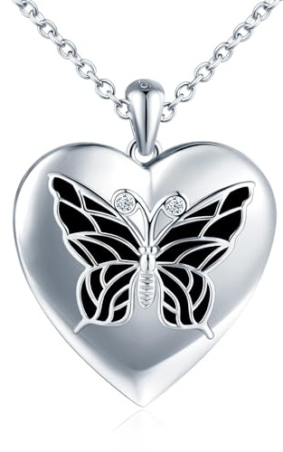 MICMIF Foto Kette Herz Medaillon Schmetterling Damen Silber 925 Halskette Personalisierte für Frauen Mädchen Amulett Medaillon zum Öffnen für 2 Bilder Anhänger mit Kette 45+5cm