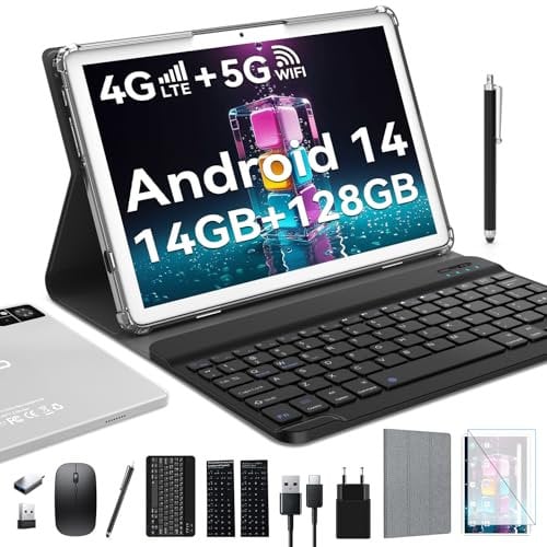 ZONKO Tablet Android 14 Tablets 10 Zoll, 4G LTE Tablette mit SIM Slots, 5G WiFi Tablet PC mit Tastatur Maus Stift | 14GB+128GB(1TB TF) |13MP+8MP| 8000 mAh|8-Core| Bluetooth 5.0| 1080FHD|GPS|GMS-Silver
