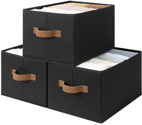 StorageWorks Aufbewahrungskorb, große Aufbewahrungsbox Stoff mit Griffen, dekorativer Korb Aufbewahrung für Kleidung, Kiste für Schrank, faltbare Boxen Aufbewahrung, Schwarz, 3 Stück