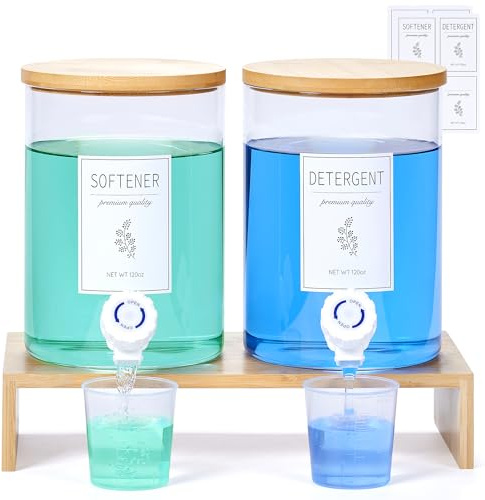 Dispensador de detergente de vidrio para ropa con estante y tapa de bambú, detergente líquido de 3,5 litros, dispensador de jabón para ropa y suavizante de tela para organización y almacenamiento del