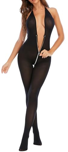 Women Halter Neck Bodystocking Sheer Full Body Stocking Front Zipper | See Through Lingerie One-Piece Jumpsuit Mesh Catsuit Sleeveless Bodysuit Nightwear Stretchy Nylon Tights for Clubwear