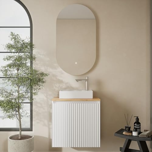 Planetmöbel Conjunto de Muebles de baño Lavabo con Mueble bajo | 56 x 55 x 30 cm blanco y roble dorado, espejo de baño con iluminación, 50,7 x 90,7 cm, sin marco, ovalado