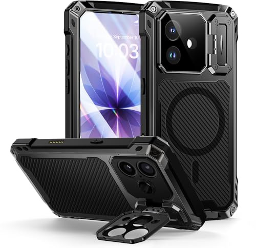 Lanhiem für iPhone 17 Hülle Magnet Kameraschutz Stoßfest Metall | Ständerfunktion, Outdoor Ganzkörper Robust Militärstandard Heavy Duty, mit Eingebautem Displayschutz, Schwarz