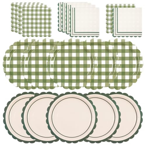 HiEnjoin 48 Stück Salbeigrün Gingham Wellenrand Geburtstag Pappteller und Servietten,Einweg Papierteller mit Karomuster Dekorative Gingham Papierteller Karierte Party Teller für Babyparty