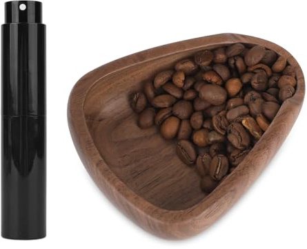 Coffee Bean Dosing Cup and Spray Bottle Set, Walnut Wood Bean Measuring Tray Espresso Accessories Tools Kit with RDT Static Reduction Spray Spritzer for Coffee Lovers Gift